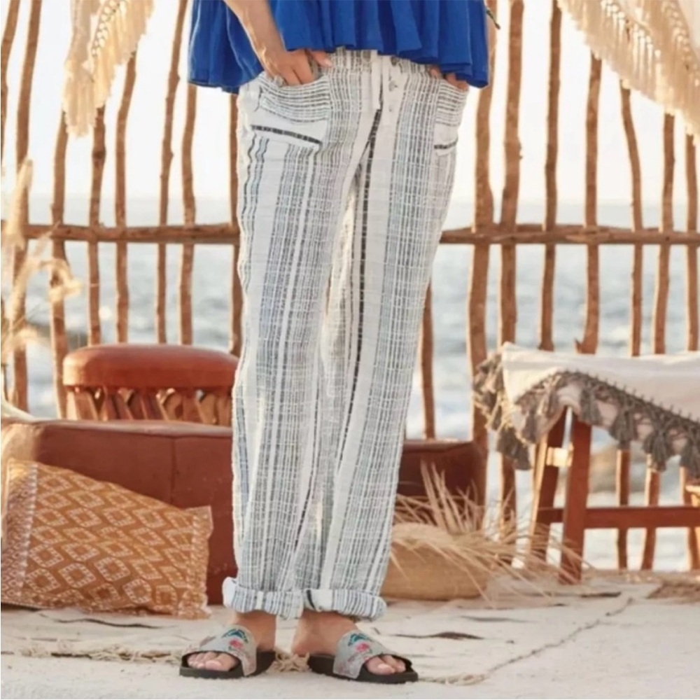 Sundance White and Black Striped Linen-Blend Drawstring Track Pants